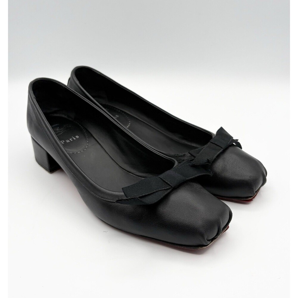 Christian Louboutin Black Leather Block Heel Ballet Flats with Bow